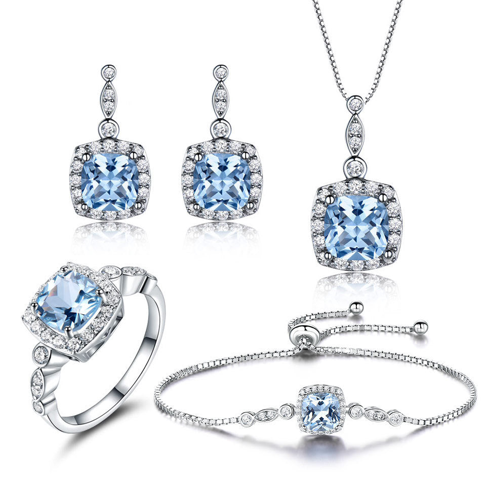 925 Sterling Silver Sky Blue Topaz Jewelry Set - Necklace, Bracelet, Ring & Earrings - Elegant Gift for Women