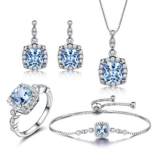 925 Sterling Silver Sky Blue Topaz Jewelry Set - Necklace, Bracelet, Ring & Earrings - Elegant Gift for Women