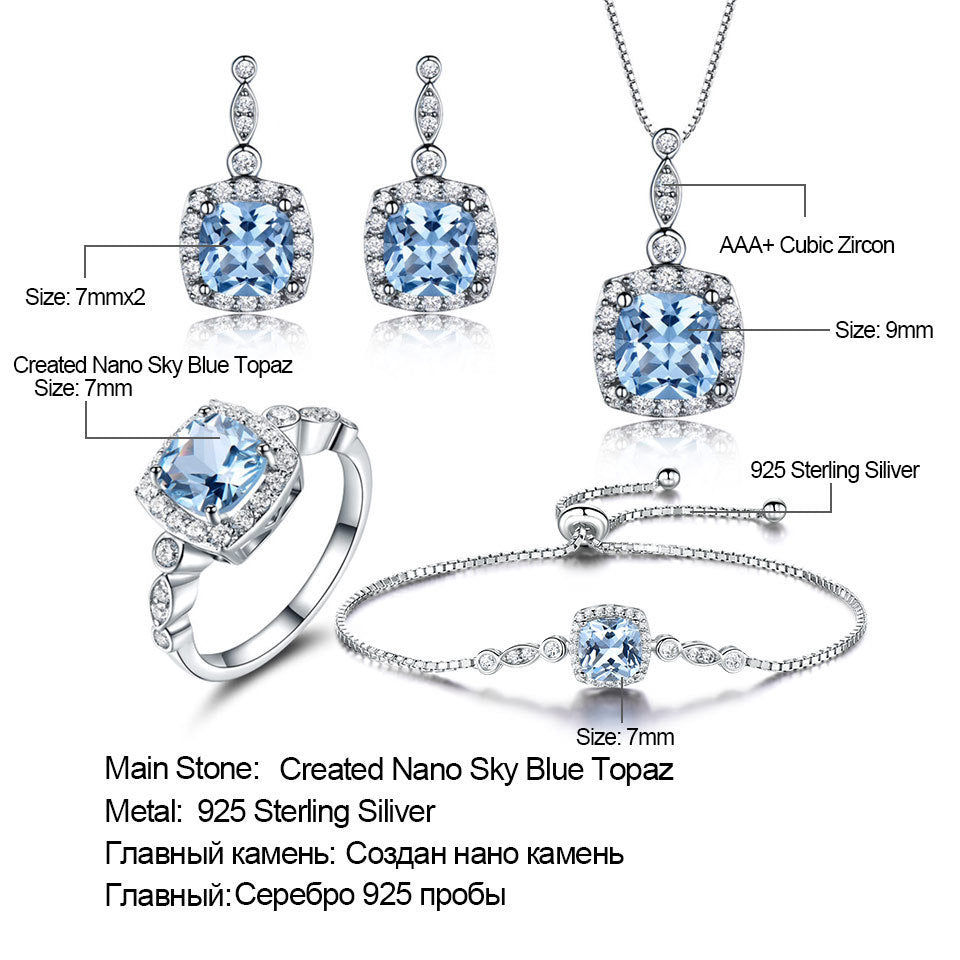 925 Sterling Silver Sky Blue Topaz Jewelry Set - Necklace, Bracelet, Ring & Earrings - Elegant Gift for Women