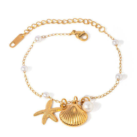 Luxury 18K Gold Stainless Steel Shell & Starfish Pendant Jewelry Set - Waterproof & Hypoallergenic Summer Collection