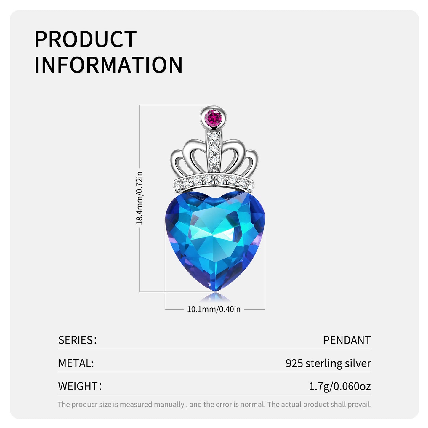 Blue Heart Crown Necklace for Women - S925 Sterling Silver Pendant - Romantic Elegant Jewelry Gift