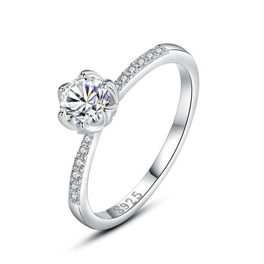 Elegant 925 Sterling Silver Women's Ring - Six-Claw Design with Sparkling Stone
