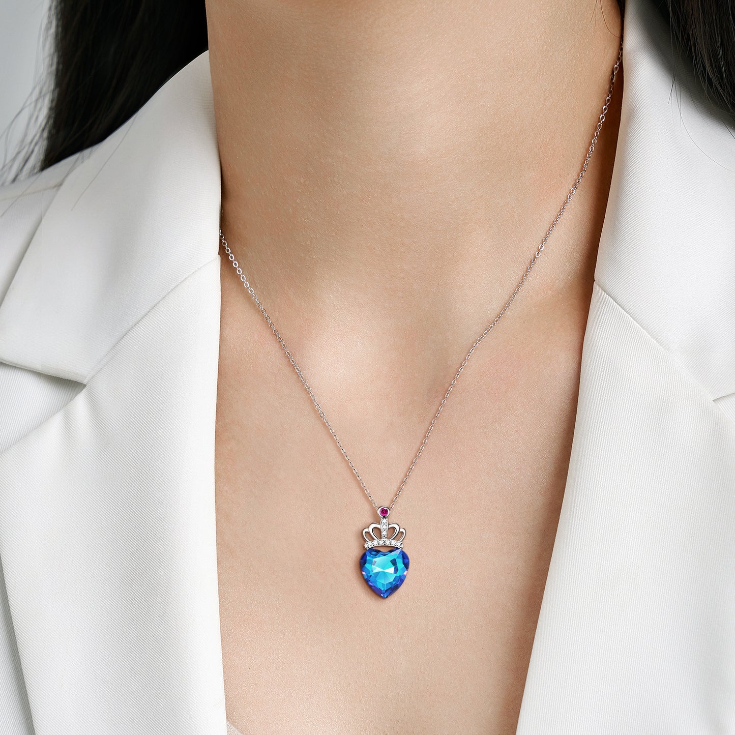 Blue Heart Crown Necklace for Women - S925 Sterling Silver Pendant - Romantic Elegant Jewelry Gift