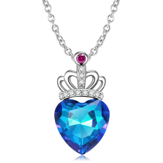 Blue Heart Crown Necklace for Women - S925 Sterling Silver Pendant - Romantic Elegant Jewelry Gift